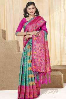 Sangam Prints Sea Green KanJivaram Silk Woven Work Traditional Tassle Saree