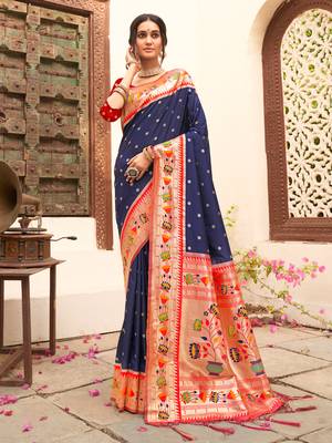 Sangam Prints Navy Blue Paithani Silk Woven Work Traditional Tassle Saree 1