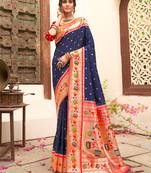 Sangam Prints Navy Blue Paithani Silk Woven Work Traditional Tassle Saree