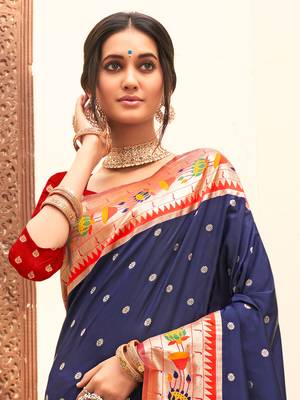Sangam Prints Navy Blue Paithani Silk Woven Work Traditional Tassle Saree 2