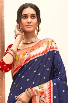 Sangam Prints Navy Blue Paithani Silk Woven Work Traditional Tassle Saree