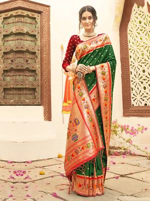 Sangam Prints Dark Green Paithani Silk Woven Work Traditional Tassle Saree 1