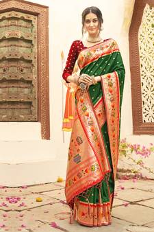 Sangam Prints Dark Green Paithani Silk Woven Work Traditional Tassle Saree