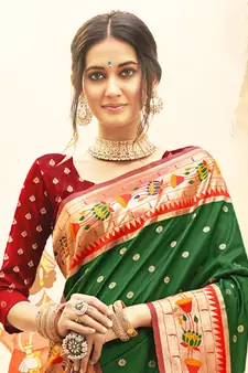 Sangam Prints Dark Green Paithani Silk Woven Work Traditional Tassle Saree