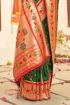 Sangam Prints Dark Green Paithani Silk Woven Work Traditional Tassle Saree