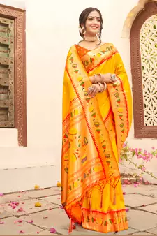 Sangam Prints Yellow Paithani Silk Woven Work Traditional Tassle Saree