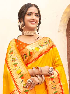 Sangam Prints Yellow Paithani Silk Woven Work Traditional Tassle Saree 2