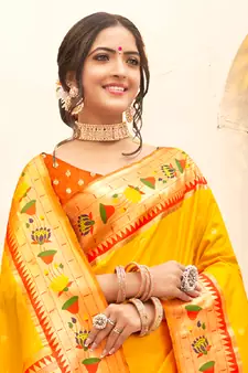 Sangam Prints Yellow Paithani Silk Woven Work Traditional Tassle Saree