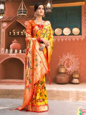 Sangam Prints Yellow Paithani Silk Woven Work Traditional Tassle Saree 1