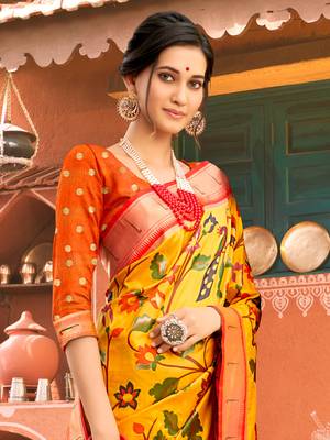 Sangam Prints Yellow Paithani Silk Woven Work Traditional Tassle Saree 2