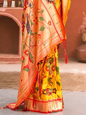 Sangam Prints Yellow Paithani Silk Woven Work Traditional Tassle Saree 3