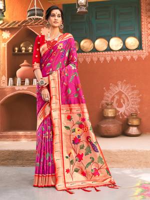 Sangam Prints Pink Paithani Silk Woven Work Traditional Tassle Saree 1
