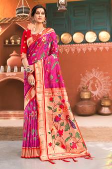 Sangam Prints Pink Paithani Silk Woven Work Traditional Tassle Saree