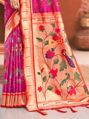 Sangam Prints Pink Paithani Silk Woven Work Traditional Tassle Saree 3