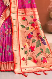 Sangam Prints Pink Paithani Silk Woven Work Traditional Tassle Saree