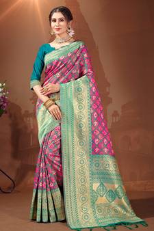 Sangam Prints Sea Green Patola Silk Woven Work Traditional Tassle Saree
