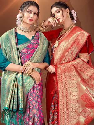 Sangam Prints Red Patola Silk Woven Work Traditional Tassle Saree 2