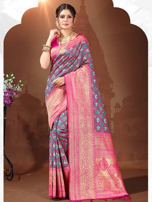 Sangam Prints Pink Patola Silk Woven Work Traditional Tassle Saree 1