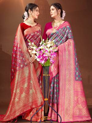 Sangam Prints Pink Patola Silk Woven Work Traditional Tassle Saree 2