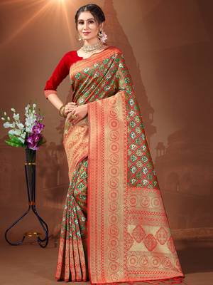 Sangam Prints Red Patola Silk Woven Work Traditional Tassle Saree 1