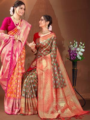 Sangam Prints Red Patola Silk Woven Work Traditional Tassle Saree 2