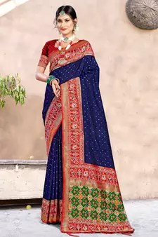 Sangam Prints Navy Blue Silk Woven Work Traditional Tassle Saree