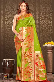 Sangam Prints Light Green Paithani Silk Woven Work Traditional Tassels Saree