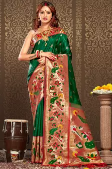 Sangam Prints Dark Green Paithani Silk Woven Work Traditional Tassels Saree