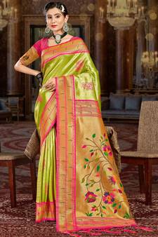 Sangam Prints Light Green KanJivaram Silk Woven Work Traditional Tassels Saree