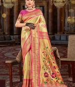 Sangam Prints Cream KanJivaram Silk Woven Work Traditional Tassels Saree