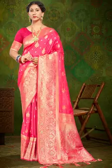 Sangam Prints Pink Banarasi Silk Woven Work Traditional Tassels Saree