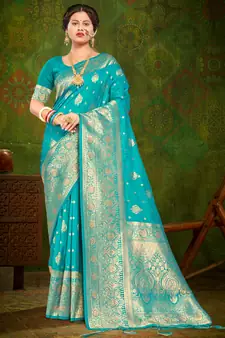 Sangam Prints Sky Blue Banarasi Silk Woven Work Traditional Tassels Saree