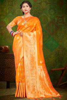 Sangam Prints Mustard Banarasi Silk Woven Work Traditional Tassels Saree