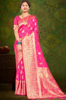 Sangam Prints Magenta Banarasi Silk Woven Work Traditional Tassels Saree