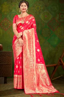 Sangam Prints Rani Banarasi Silk Woven Work Traditional Tassels Saree