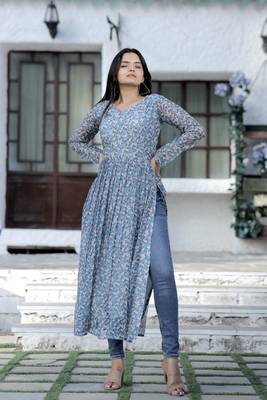 Grey Nayra Cut Floral Digital Print Kurti 1