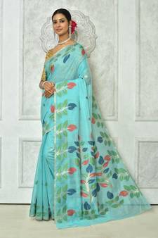 Turquoise woven silk blend saree with blouse