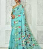 Turquoise woven silk blend saree with blouse