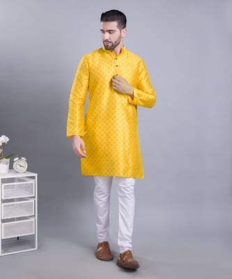 Yellow printed banarasi silk kurtas for Men 1