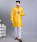 Yellow printed banarasi silk kurtas for Men
