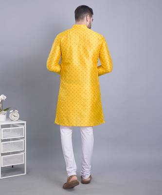Yellow printed banarasi silk kurtas for Men 2