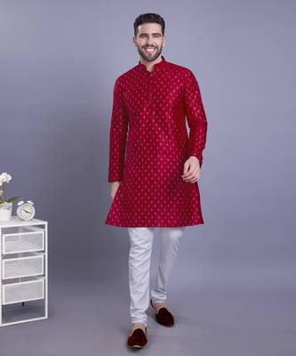 Red printed banarasi silk kurtas for men 2
