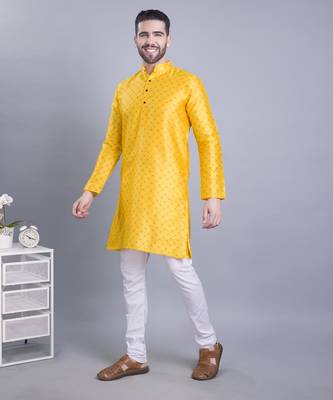 Yellow printed banarasi silk kurtas for Men 3