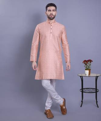 Peach printed banarasi silk kurtas for men 1