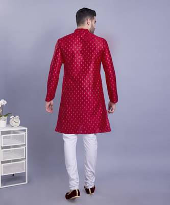 Red printed banarasi silk kurtas for men 3