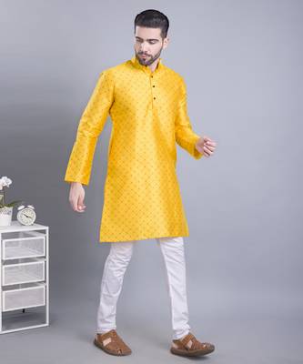 Yellow printed banarasi silk kurtas for Men 4