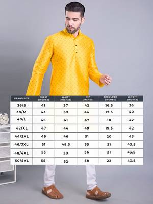 Yellow printed banarasi silk kurtas for Men 5