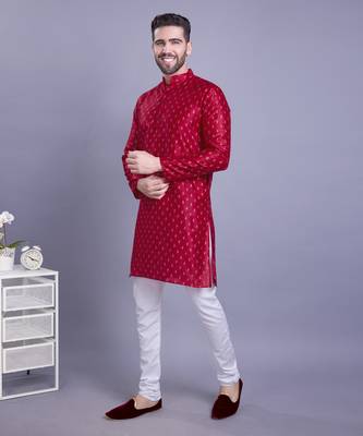 Red printed banarasi silk kurtas for men 1