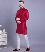Red printed banarasi silk kurtas for men