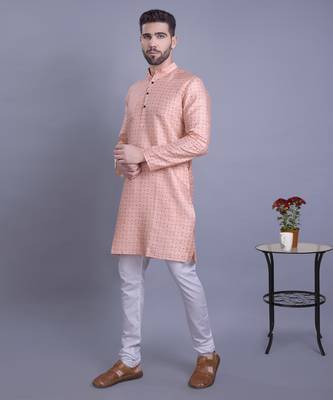 Peach printed banarasi silk kurtas for men 3
